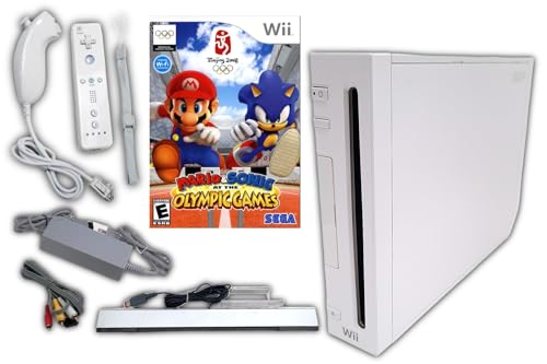 Wii Nintendo Console Bundle + Mario & Sonic Olympic Games Game Disc | White RVL-001 System Also Compatible w/Gamecube Games | 1x Remote Controller, Nunchuck, Sensor Bar, Cables & AC Adapter (Renewed)
