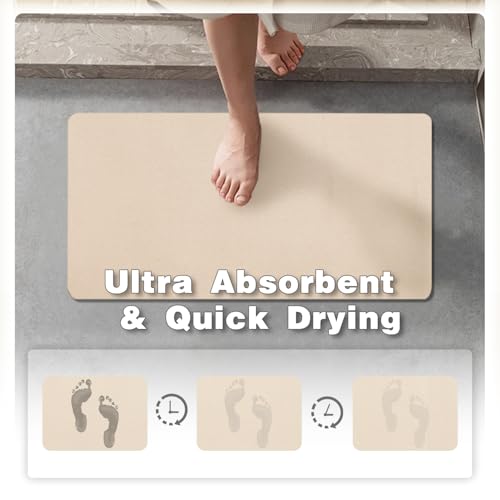 Bathroom Mat Quick Dry, Bathroom Rugs Non Slip Washable Thin Absorbent Bath Mat Fits Under Door Bathroom Floor Mat Perfect for Bath, Shower, or Sink 24"x36" Beige