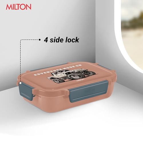 Image of MILTON Super Sherry Tiffin Lunch Box for Kids, 780 ml | Leak-Proof Inner Container with Clip Lock Lid | BPA Free, Food Grade | Compact & Durable Snack Box with Plastic Spoon & Fork | Brown