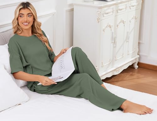 JiniGolla Womens Pajama Sets Waffle Knit Short Sleeve Shirt with Long Pajama Pants Soft Sleepwear Pj Lounge Sets4