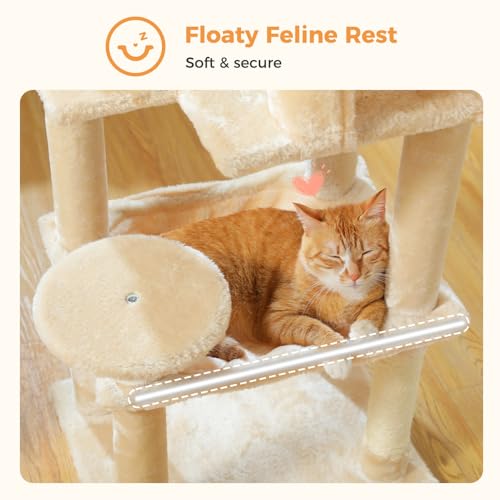 Image of MUTTROS Cat Tree for Indoor Cats, 44.5 inch Multi-Level Cat Tower with Large Metal Frame Hammock, Cat Condo with 2 Scratching Posts and Top Perch for Small to Medium Cats, Beige