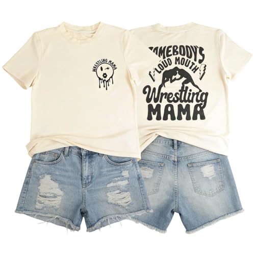 Mama Shirts Wrestling Mama Tee Women Somebody's Loud Mouth Top Sports Mom Shirt Mom Life T-Shirts Vintage Casual Tops Apricot — view 4