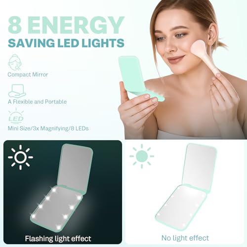 Mini Travel Compact Mirror, 1X/3X Magnifying LED Pocket Travel Makeup Mirror for Women with Light for Purse, Double-Sided, Portable Folding Handheld, Small Lighted Mirrors for Girl