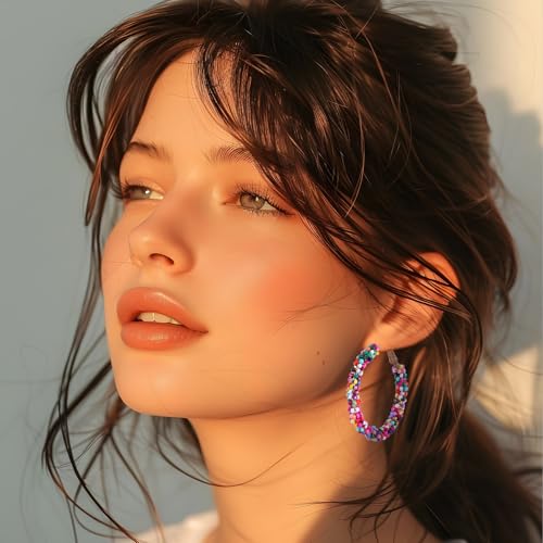 Boho Flower Hoop Earrings, Boho Beaded Earrings for Women Colorful Earrings Daisy Hoop Earrings Floral Hoop Earrings2