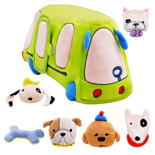 BizyKoady Baby Toys 6-12 Months - Sensory Toys Bus with Stuffed Puppies, Rattle, Crinkle Paper, Mirror & Squeaker, Montessori Toys for 6 Month Old Babies, Sensory Balls Toddlers 1-3