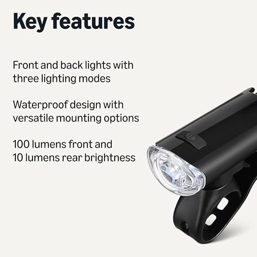Amazon Basics Luces para Bicicleta para Día/Noche, Luz Delantera Negra y Luz Trasera Roja, Tres Modos de Iluminación, Opciones de Montaje Versátiles miniatura 2