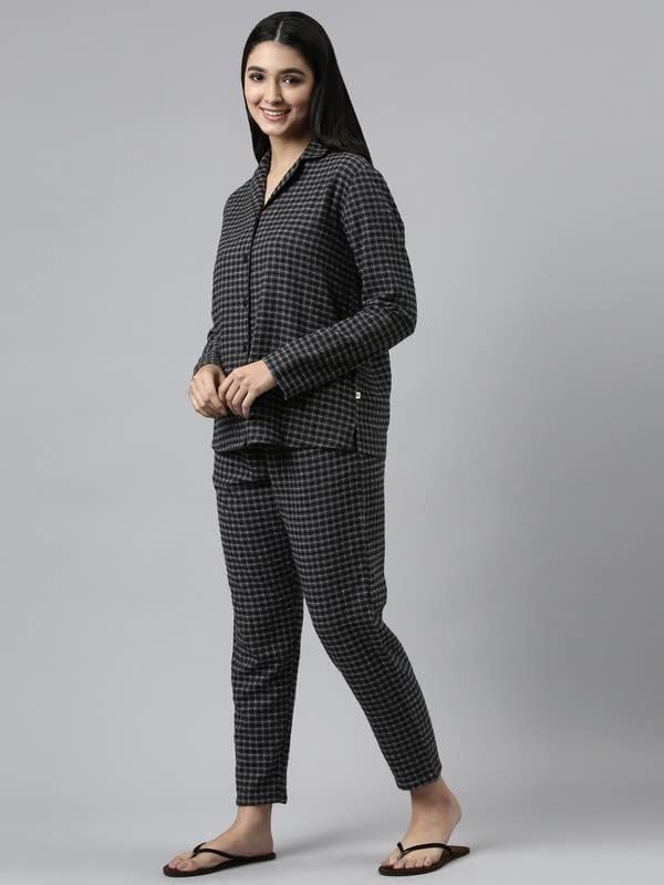 エナモール エッセンシャル EC20 レディース ルーズフィット コットン フランネル織 長袖シャツとミッドライズパンツセット