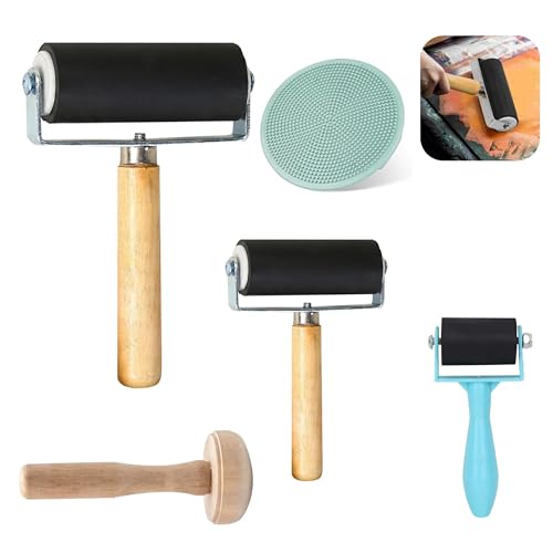 Brayer Roller for Crafts, 3 PCS Rubber Brayer Roller, Ink Roller Tool with Mushroom Roller and Plastic Stamp Making Pressure Plate for Printmaking DIY Art Craft(3.5CM/6CM/10CM)