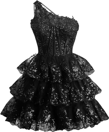 One Shoulder Short Homecoming Dresses for Teens Sequin Sparkly Prom Dress Tiered Lace Evening Gown
