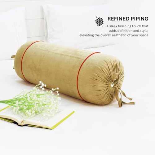 Image of AURAVE Suede 300 TC Printed Bolster Cover with Drawstring Closure, Set of 2, Soft Breathable Durable Machine Washable for Sofa Bed & Home Decor, 15 inchx30 inch, Beige | Cover Only