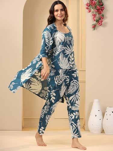 Image of Women's Printed Nightsuit Pajama with Top with Long Gown Lightweight Soft & Comfy Sleepwear for Girls & Women