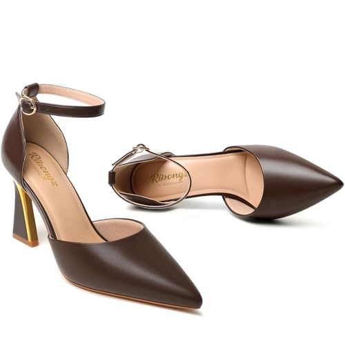 Image of RIBONGZ Comfortable Kitten Heels for Women Pointed Closed Toe Ankle Strap Buckle Heels Slip on Low Heel Church Pumps Wedding Bridal Party Dressy Shoes