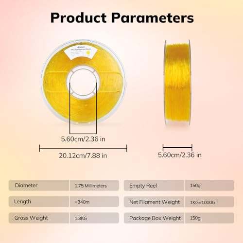 Image of AMOLEN 95A TPU 3D Printer Filament 1.75mm, High Hardness & Resilience TPU Transparent Yellow Filament, 1KG Flexible 3D Filament, Dimensional Accuracy + /- 0.02mm, Suitable for Most FDM 3D Printers