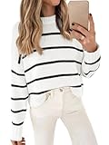 LILLUSORY Womens Cropped Striped Sweater 2025 Trendy Casual Pullover Ribbed Knit Cute Crewneck Lightweight Cotton Cozy Checkred Sweaters White Black M