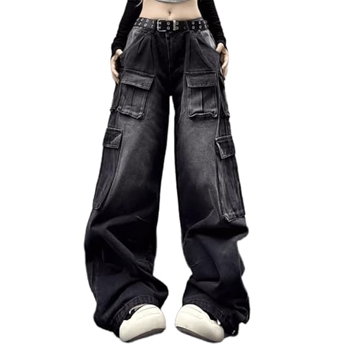 Summer Plus Size Baggy Straight Wide Leg Jeans for Women Unisex Washed Black Multi-Pocket Cargo Denim Pants