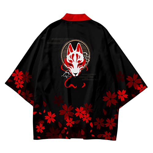 Image of DOSLAVIDA Men's Japanese Kimono Jacket Set Stylish Open Front Coat With Shorts Chinese Style Printed Cardigan Suit