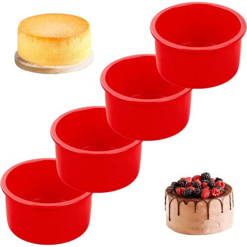 YXHZVON 4 x taartvormen, rond, van siliconen, 10 cm, anti-aanbaklaag, makkelijk lossen, bakvorm voor taarten, brood, gebak (rood)