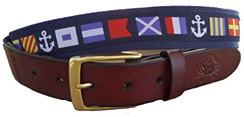 Mens Nautical Flag Ribbon on Navy Leather Belt, Leather Tab and Buckle, Nautical Leather Belt