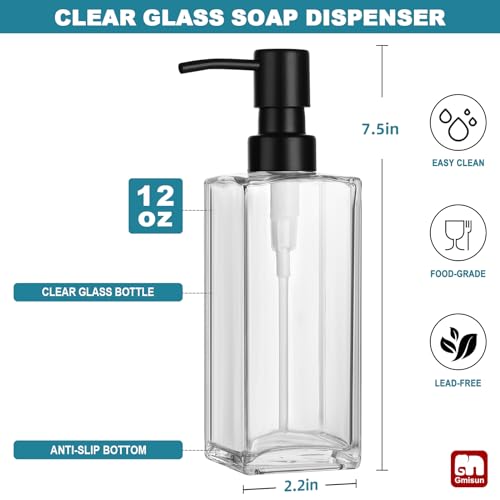 Image of GMISUN Glass Soap Dispenser with Stainless Steel Pump, Clear Hand Soap Dispenser for Bathroom, 12 fl oz /350ml Refillable Dish Dispenser for Kitchen, Modern Liquid Soap and Lotion Bottle for Countertop