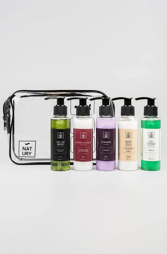 NATURY GREEN CARE - Pack The Minis | Set Regalo Mujer y Hombre | Kit Viaje Higiene Personal | con Neceser Transparente | Travel Kit Completo|Champú, Acondicionador, Gel de Baño, Body Milk y Gel Íntimo