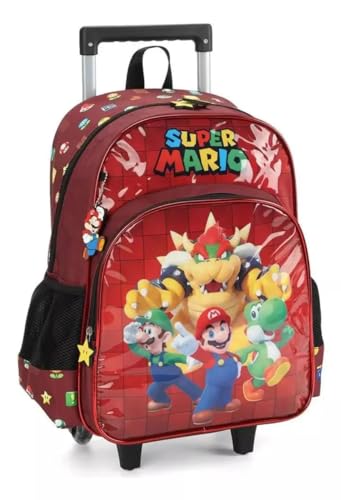 Mochila Escolar Super Mario Bros Com Rodinhas Infantil Vinho - Luxcel