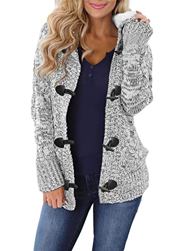 Aleumdr Womens Fashion Warm Faux Fur Hooded Cardigans Casual Long Sleeve Button Up Cable Knit Sweater Fleece Coats Jackets Fur Outwear Coat with Pockets Dark Gray Large 12 14