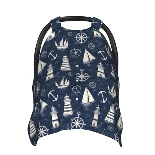 Image of Nautical Sailor Pattern Print Baby Car Seat Covers, Breathable Nursing Cover Breastfeeding Cover, Stroller Covers, Multi-use Infant Carseat Canopy, Baby Boys Girls Newborn Essentials