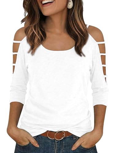 Shirts for Women Cold Shoulder 3/4 Sleeve Cutout Arm Tops Sexy Going Out Casual Y2k Cute Blouse Tops for Daily,L,White
