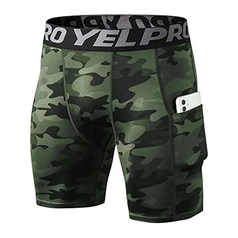 Yishengwan Men's Compression Shorts, Quick-Dry Fitness Running Shorts, Sports Leggings, Tights with Pocket, Camo green, M Cover