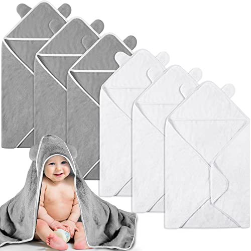 Image of Lounsweer 6 Pieces Baby Bath Towels 30 x 30 Inch Hooded Toddler Towel Bath Blanket Absorbent Coral Fleece Hooded for Toddler Infant Newborn Shower Gift Supplies(White, Gray)