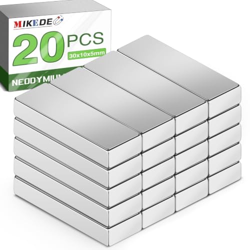 Image of MIKEDE Strong Neodymium Magnets, Rare Earth Magnet with Adhesive Backing | Super Strong Bar Magnets, Waterproof Heavy Duty Magnet Strip for Fridge, Office, Crafts, DIY, 30x10x5 mm, 20Pcs, Silver