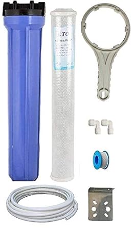KRPLUS Heavy Duty 20 Inch Pre-Filter Slim Housing + Activated Carbon Block Filter 10 Micron CTO + SS Hanging Plate + 3 Meter 3/8