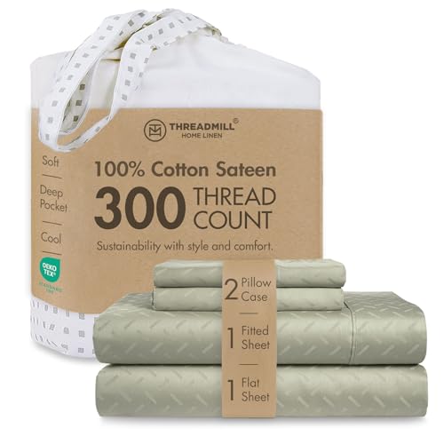 Image of Threadmill 300TC Cotton Queen Sheet Set, Sateen, Jacquard, Sage Green | 100% Cotton, Sateen Weave, Jacquard Pattern, 4-Piece Set, 16 inch Deep Pocket, All-Around Elastic, Cooling, OEKO-TEX Certified
