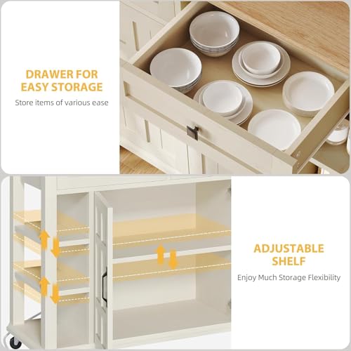 DWVO Rolling Kitchen Island with Drop Leaf, Mobile Storage Islands with Power Outlet Foldable Tabletop, 2 Drawers and Open Shelves, for Living Room, Dining Room, Off White