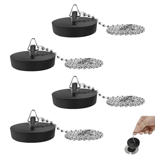 4 tapones de desagüe, tapones para fregadero con cadena, color negro, 4 cm