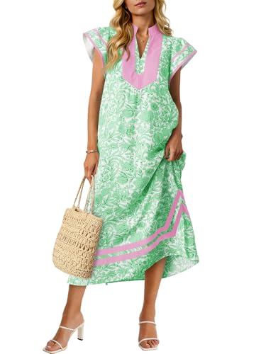 Wenrine Womens Summer Floral Maxi Dress Casual Short Cap Sleeve