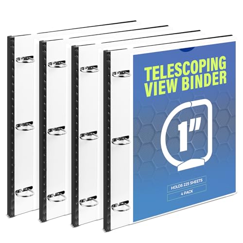 Image of WOT I 1 Inch Telescoping 3 Ring Binder 4 Pack, Expandable Flexible Binder with Customizable Front Cover & Clear Catalog Pocket, Holds 8.5 inchx11 inch Paper, School Office Supplies, White
