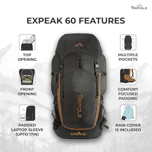 Image of TRIPOLE Expeak 60L Rucksack Bag for Men & Women | Front Opening, Laptop Compartment & Raincover | Trekking, Hiking & Backpacking