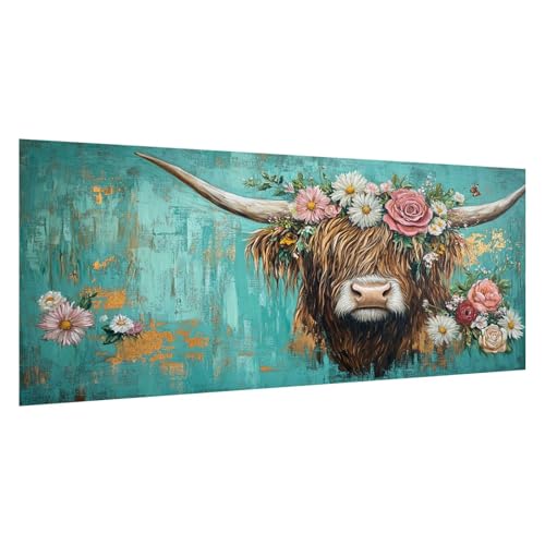 Ganado de las Tierras Altas Pintar por Numeros Adultos Flor Pintura por Numeros,Easy Paint by Numbers Adult Niños,con Pinceles y Acrílico,DIY Manualidades Home Decor Regalo 100x200cm,con Marco,d1063k