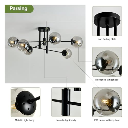 Image of 6-Lights Glass Globe Sputnik Chandelier Modern Flush Mount Ceiling Light Fixture Black Farmhouse Lighting for Dining Room Living Room Bedroom Kitchen Passageway.