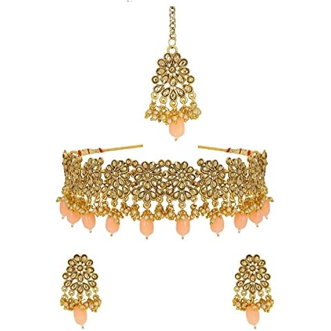 Efulgenz Indian Jewelry Choker Necklace Maang Tikka Earrings Bollywood Wedding Crystal Kundan Necklace Earrings Head Chain Set gold Cover