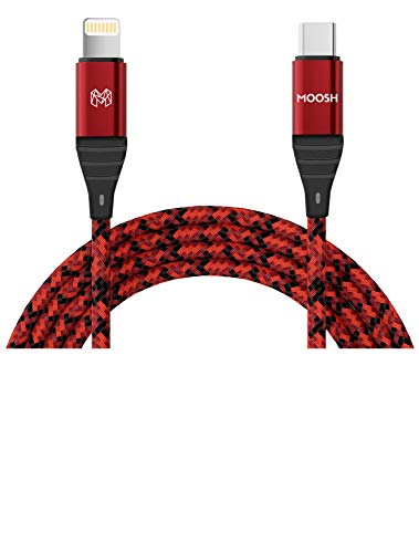 MOOSH Powerlink Apple MFi Certified 3.0A USB C to Lightning Charge Sync Smart Cable Nylon Braded 30000X Bending Test with Aluminum Alloy Case 1.2 Meters Mi9 Ruby Red