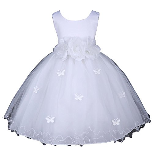 Pink Promise White Flower Girl Wedding Easter Ruffled Tulle Butterfly Petal Dress, White, 8