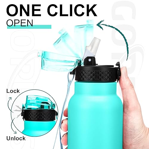 GOPPUS 750ml/26oz Stainless Water Bottle with Straw Double Wall Insulated Bottles with Strap Reusable Vacuum Thermal Flask Leakproof Keep Cold Drinks Bottles with Flip Top Lid for Men Women BPA Free - Image 3