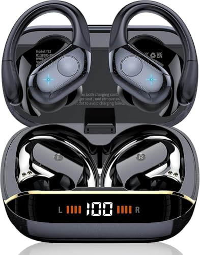 Qecnato Wireless Earbuds Bluetooth 5.4 Headphones 75H Stereo Deep Bass Sports Over Ear Buds with Earhooks, LED Display Bluetooth Earbuds with 4 ENC Mic, IP7 Waterproof Earphone for Running, Black