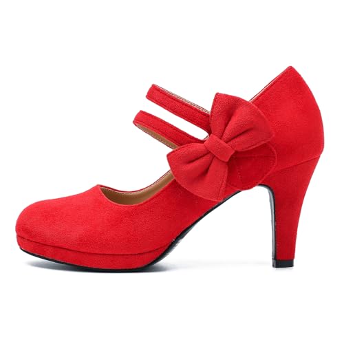 Women's Mary Jane Bow Heels Pumps Round Closed Toe Kitten Heel Double Ankle Strap Wedding Office Work Dress Shoes Red Velvet-46US 112
