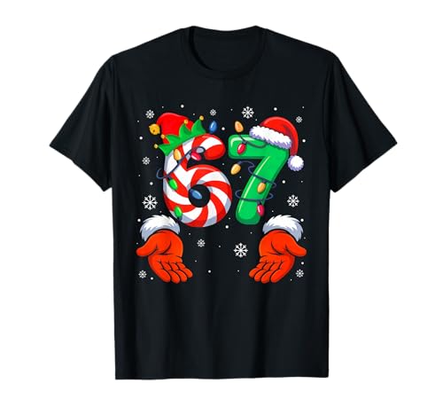 Funny Six Seven 6 7 Meme Christmas Family Xmas Santa Elf 67 T-Shirt