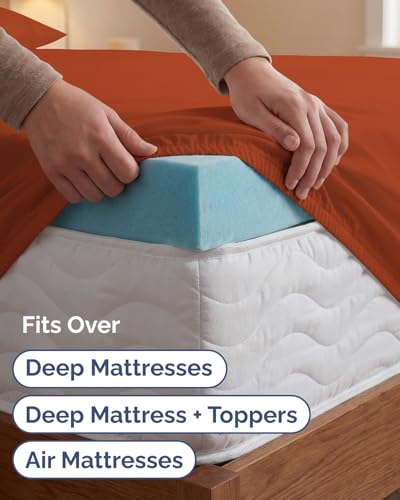 Image of Extra Deep Twin XL Sheet Set - 4 Piece Breathable & Cooling - Terracotta | Hotel Luxury Bed Sheets Set, Easy & Secure Fit, Ultra-Soft, Wrinkle & Fade Free, Comfy Sheets Set with Extra Deep Pockets
