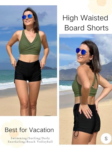 Ekouaer Badeshorts Damen Badehose Kurze Shorts Schnell Trocknende Boardshorts Bikini Hotpants Bauchkontrolle Schwimmshorts Bademode,Schwarz,XL