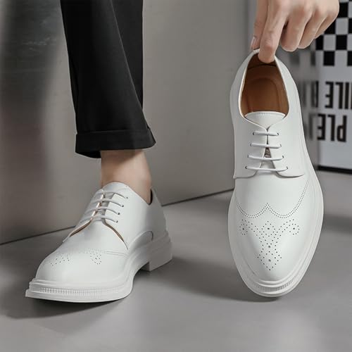 Men's Classic Leather Wingtip Low Heel Oxford Shoes Fashion Pointed Toe Comfort Non Slip White Dress Shoes Business Office Wedding Shoes4